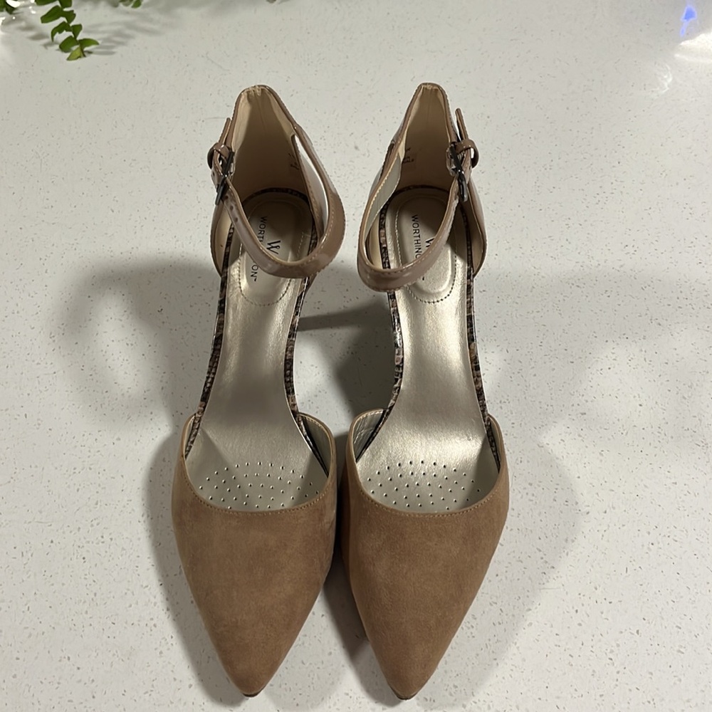 Worthington high heel nude shoes with ankle straps.